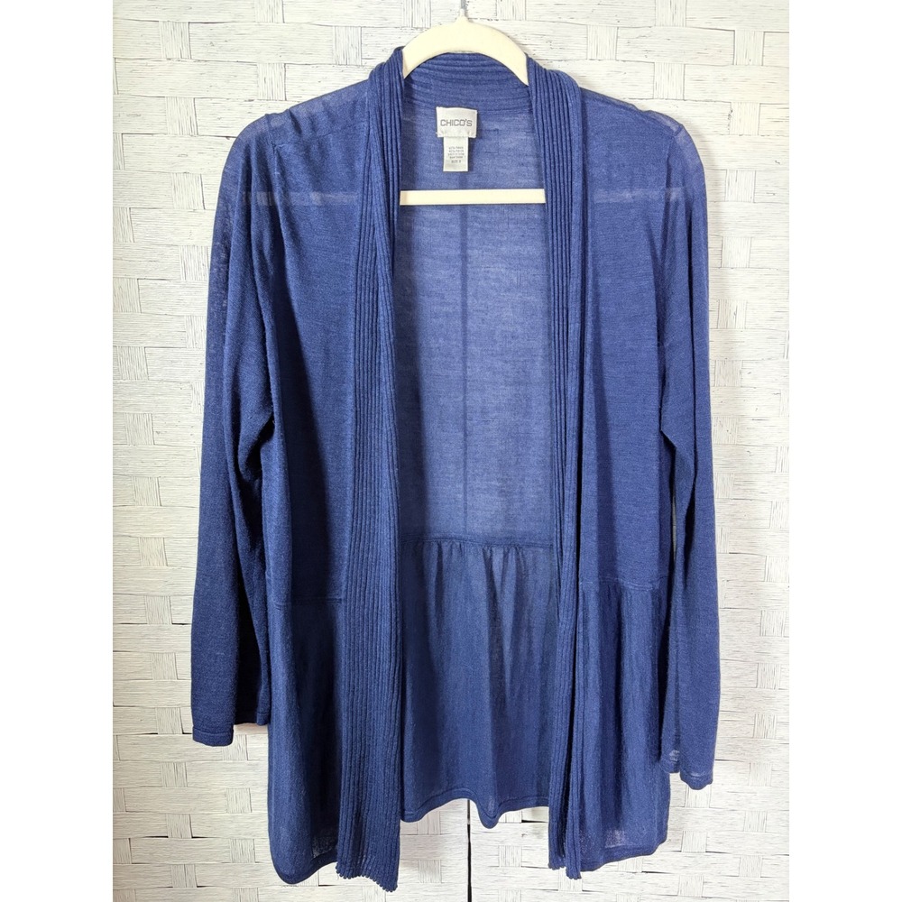 Chico's Womens Cardigan Navy Blue Open Front Cardigan Ramie Rayon Ribbed Trim